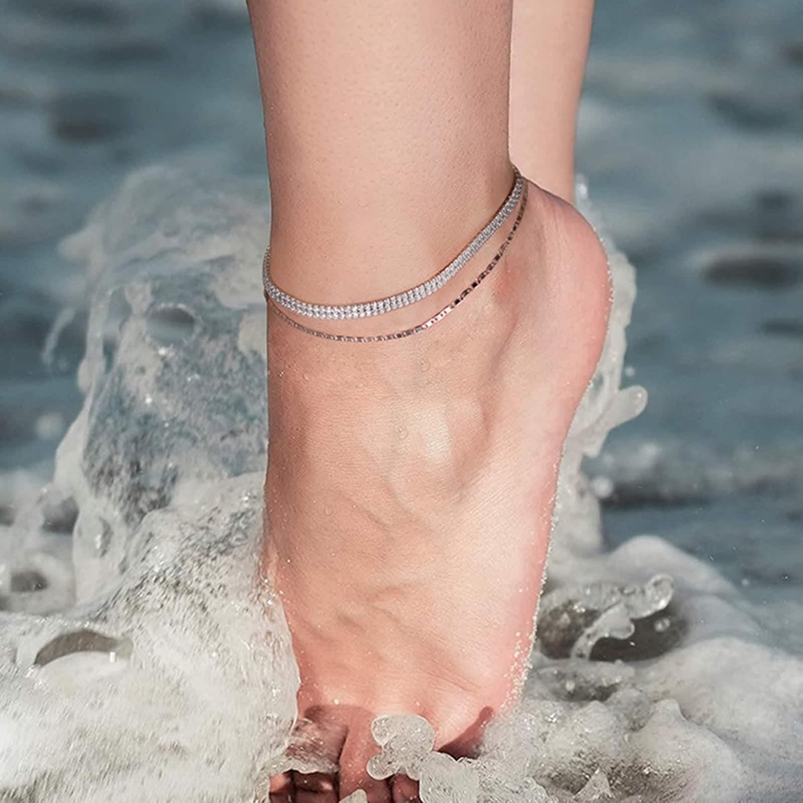 Fußkettchen für Damen Silber 925 Zirkonia, Fußbändchen Lang Tenniskette Schmuck Verstellbar Silber Geburtstagsgeschenk
