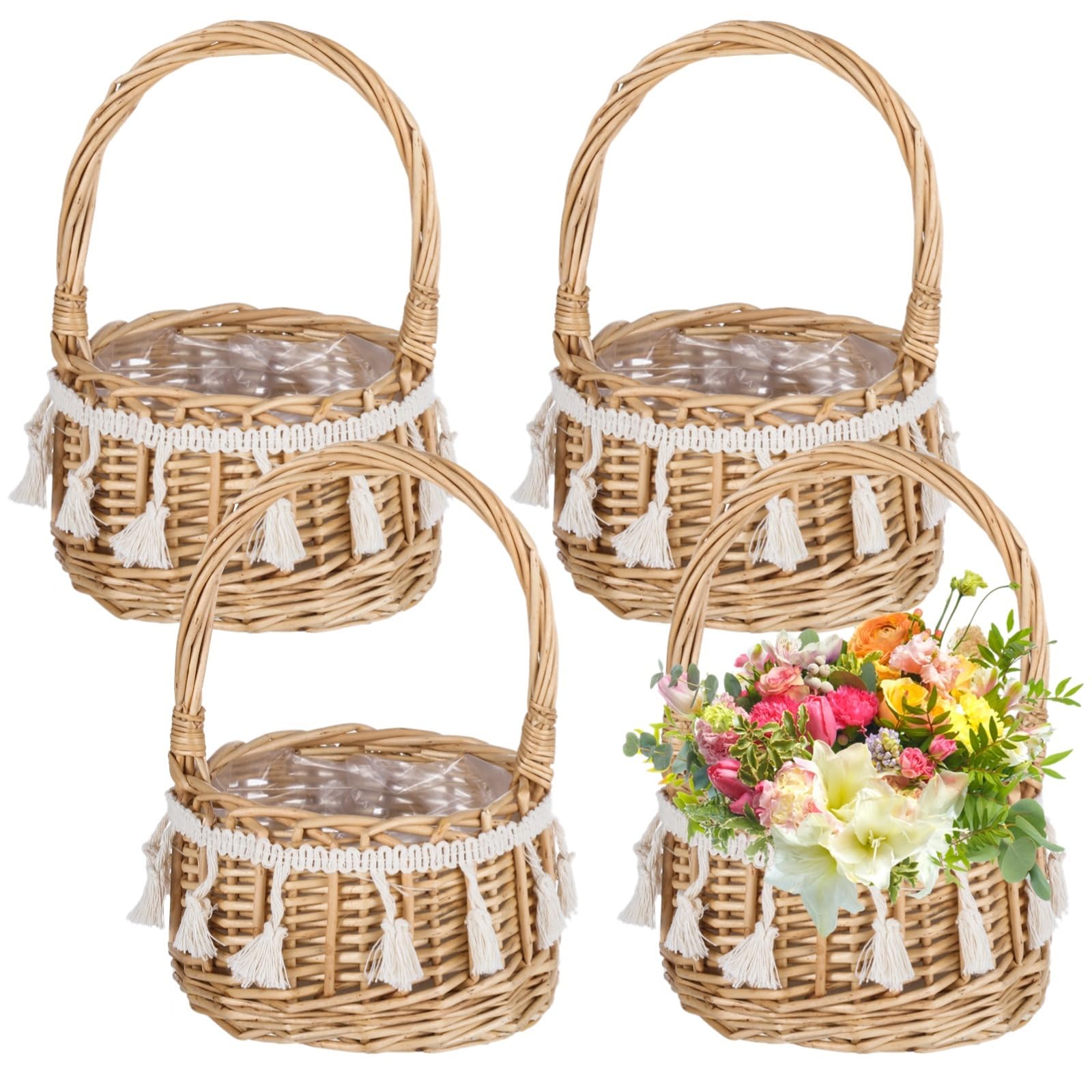 4 kosze na kwiaty z uchwytem, wiklinowe, rattanowe, lekkie kosze kwiatowe, ręcznie tkane, do ogrodnictwa, imprez festiwalowych, wesel, baby shower, przenoszenia prezentów i smakołyków, 4 szt