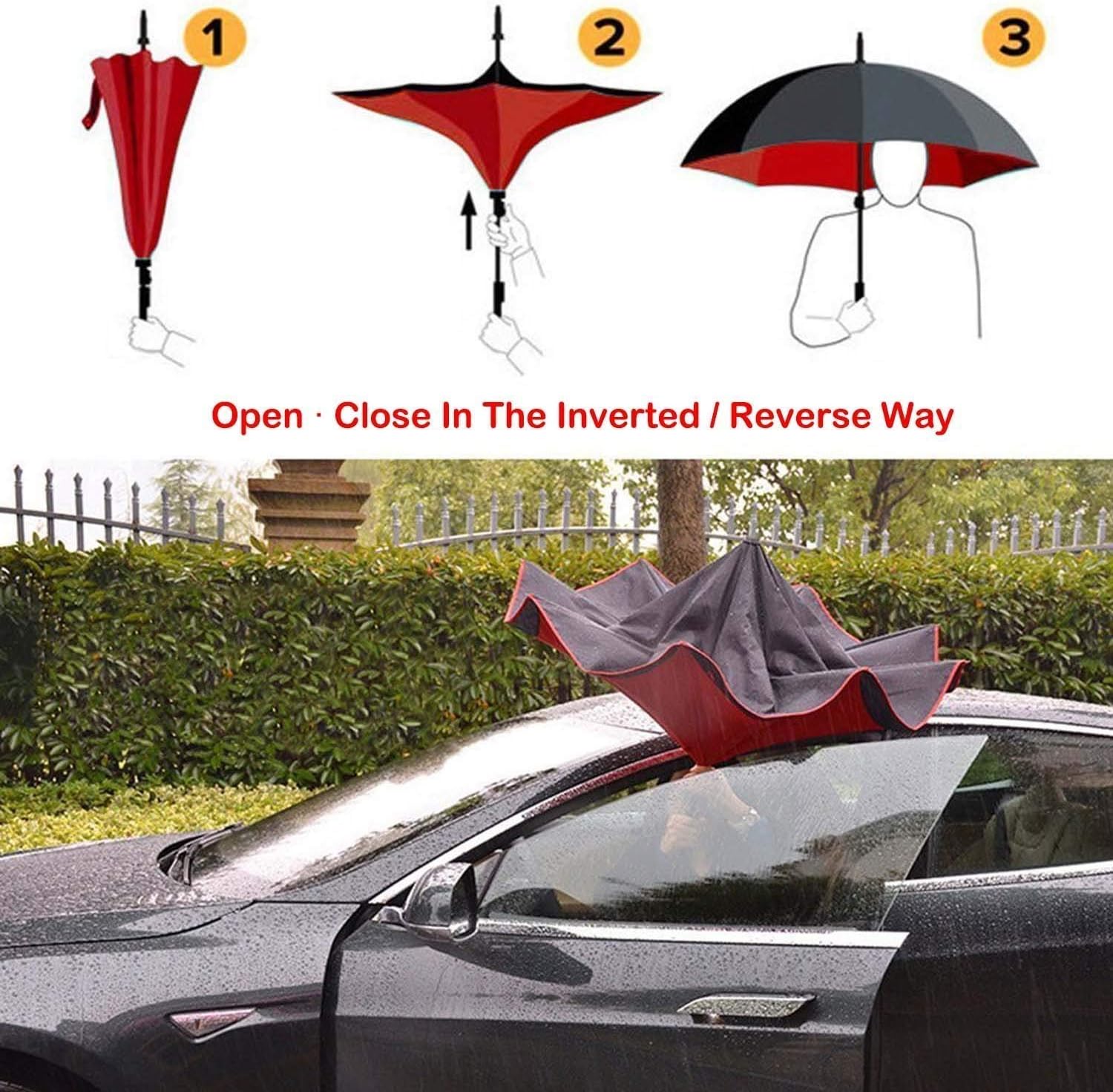 Newsight Reverse Umbrella, Double Layer Inverted Umbrella Upside Down, Self Stand, C Shape Handle, Inverse Inside Out Folding for Car, Windproof, Waterproof, Sun Protective (Blue_Idea)