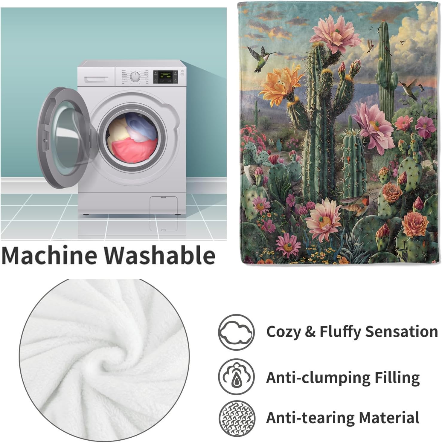 Blooming Cactus Garden Blanket Gifts for Women, Desert Floral Oasis Theme Flannel Blanket, Soft Warm Lightweight Throw Blankets for Bedding Sofa Couch Home Travel Decor 50" x 60"