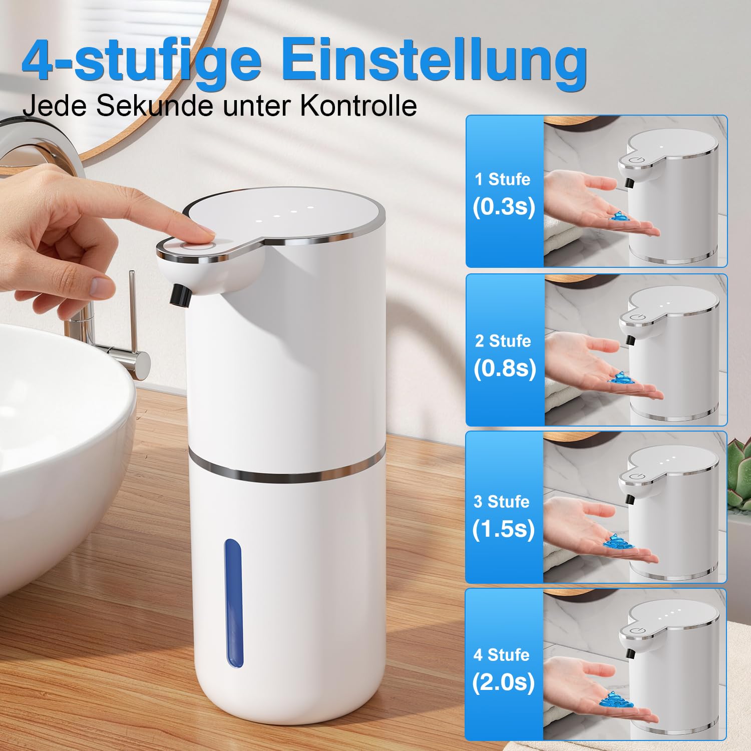Automatyczny dozownik mydła w płynie, bezdotykowy z czujnikiem, 380 ml, montaż ścienny, ładowanie przez USB, IPX5, 4-stopniowy, regulowany elektryczny dozownik mydła do łazienki i kuchni, biały