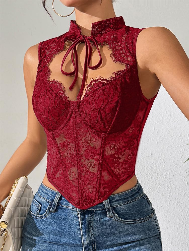 Women's Floral Lace Corset Top Cut Out Crop Bustier Corset Sexy Party Night Club Tops,Women Sexy Lace Lingerie Tank Tops for Going Out,Polyester,Red,S