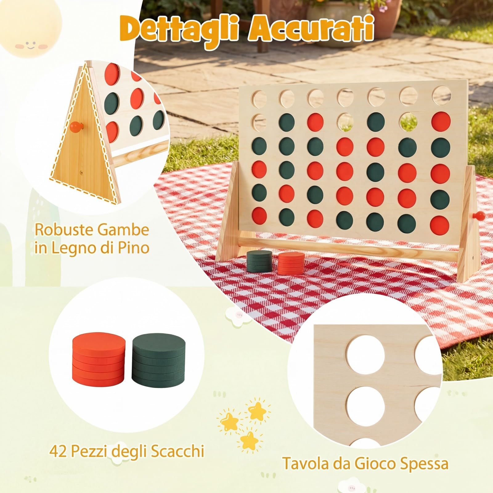 COSTWAY Forza 4 con 42 Pedine e Cornice in Legno di Pino, Gioco 4 in Linea da Interno ed Esterno, Gioco da Tavolo per Famiglia, Bambini, Adolescenti e Adulti