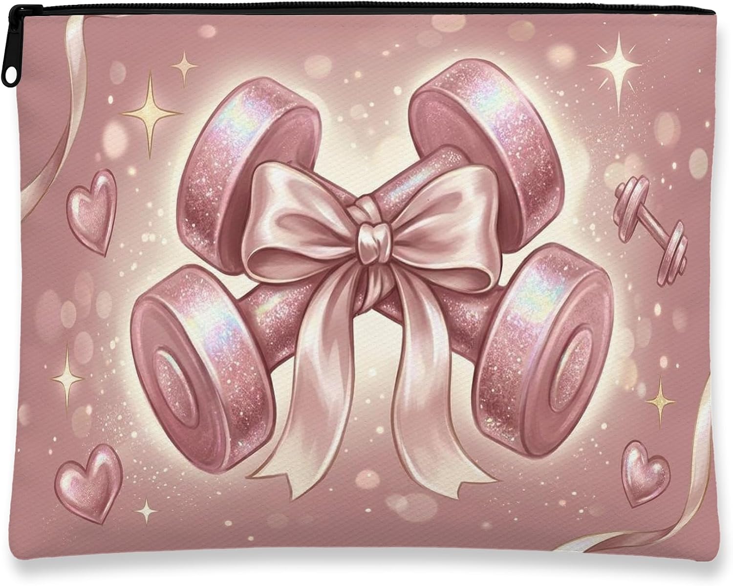 Glittery Dumbbell Makeup Bag, Romantic Hearts Cosmetic Travel Pouch for Women, Portable Canvas Zipper Organizer, Perfect for Fitness Lovers 7x9 Inch