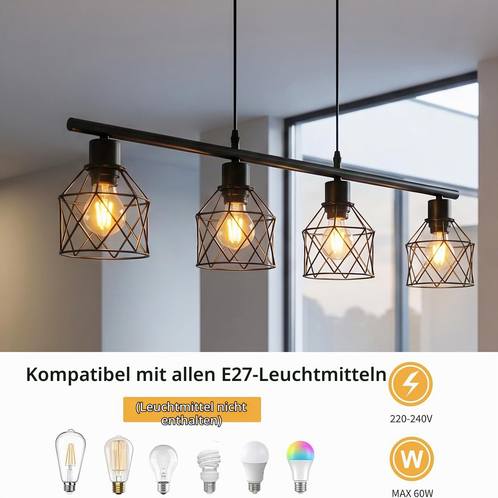 Pendelleuchte Esstisch 4-Flammige, Industrielles Retro Hängelampe Schwarz,Höhenverstellbar Metall Deckenlampe Esszimmer, E27 Fassung, Einfache Montage