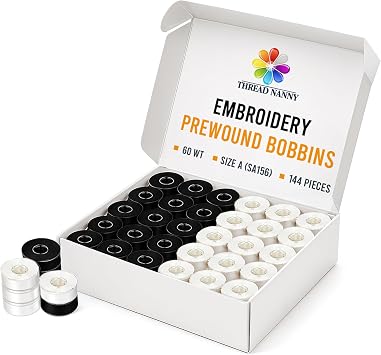 144 Black & White Pre-Wound Bobbins for Brother Embroidery Machines Compatible with PE-700, PE700II, PE-750D, PE-770, PE-780D, Innovis 1000, 1200, 1250D and New Babylock Ellure, Emore