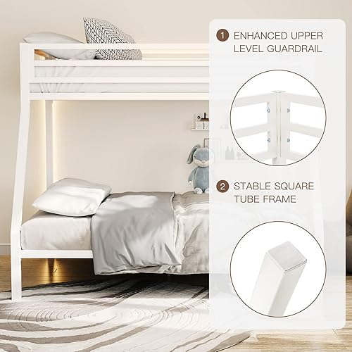 Miniatura 7 de ikalido Metal Loft Bunk Bed Twin Over Full Size with Safety Guardrail and Ladder, No Box Spring Needed Space Saving Bedroom Furniture, Cream White