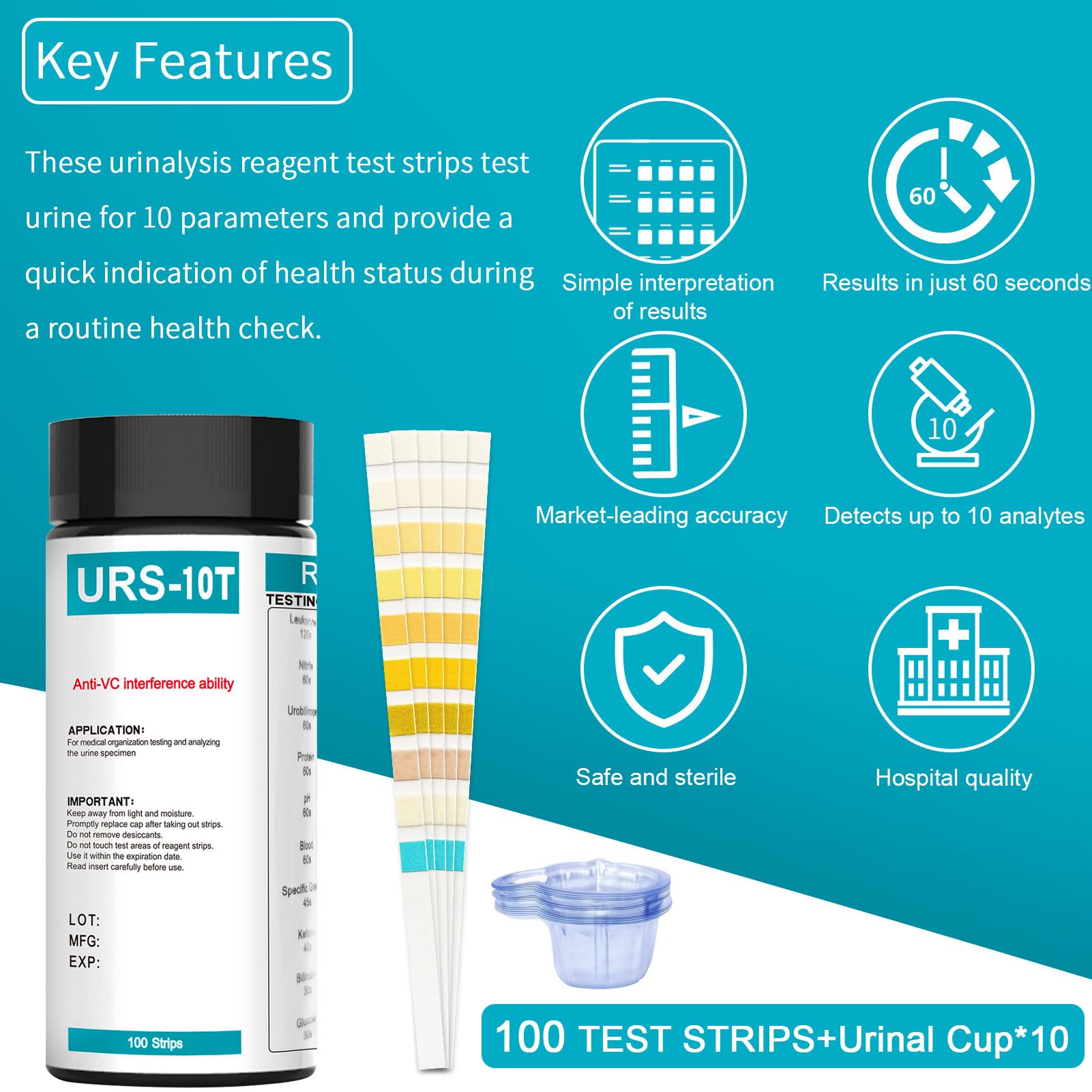 100 strisce reattive per analisi delle urine | Strisce reattive per urina da 10 parametri, contiene 10 bicchierini per urina usa e getta per un facile confronto dei parametri.