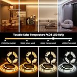 BTF-LIGHTING UL Listed FCOB COB CCT LED Strip Tunable White 3000K-6000K Dimmable High Density Flexible Tape Light 5M 24V 640LEDs/m IP30 White PCB for Kitchen Cabinet Bedroom Home Decor(Strip Only)