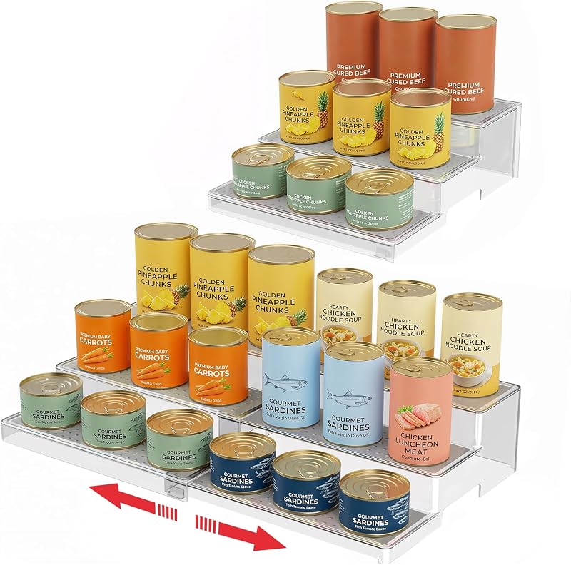 Expandable Can Rack Organizer 2 Pack, 3-Tier Adjustable Length | Set of 2 Holds Up to 36 Cans, Stability with Non-Skid Shelf, Canned Goods Storage Display for Pantry, Cabinet