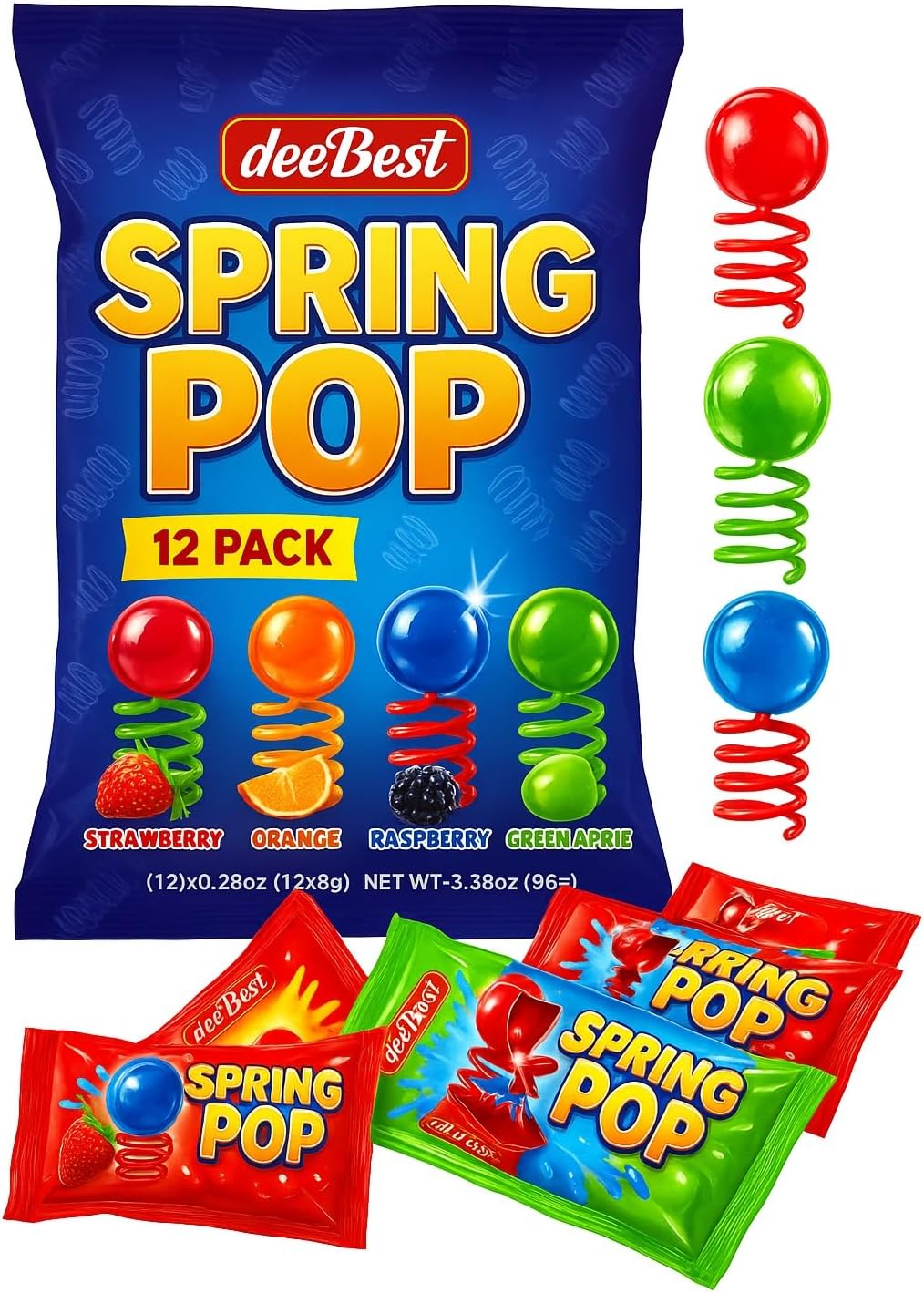 Spring Pop Finger Sucker Kids Candy on a Spring - Assorted Fun Flavors 24 Count (12 Individually Wrapped Pack of 2) Kosher Fun Lollipops Suckers