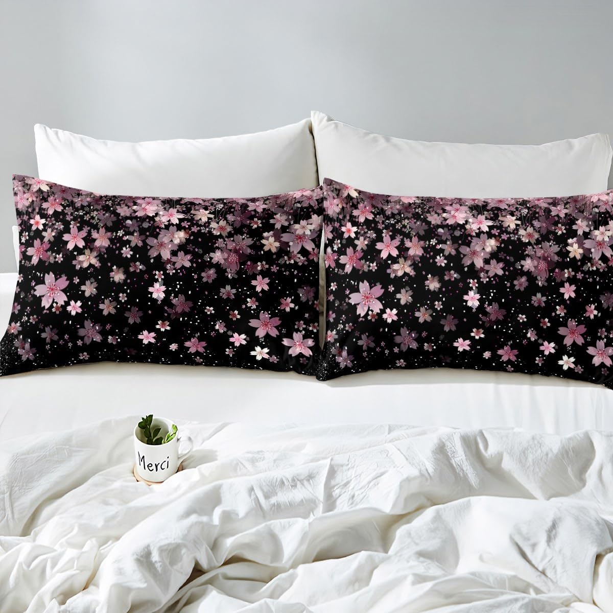 Feelyou Cherry Blossoms Bedding Set King Size Kids Sakura Flower Comforter Cover Set for Boys Girls Teens Romantic Floral Botanical Duvet Cover Pink Black Bedspread Cover Room Decor