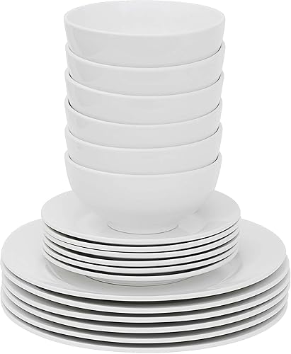 Miniatura 9 de Nouva Juego de vajilla de porcelana de 18 piezas, juego de platos redondos y cuencos de cocina resistentes a las virutas y arañazos, color blanco