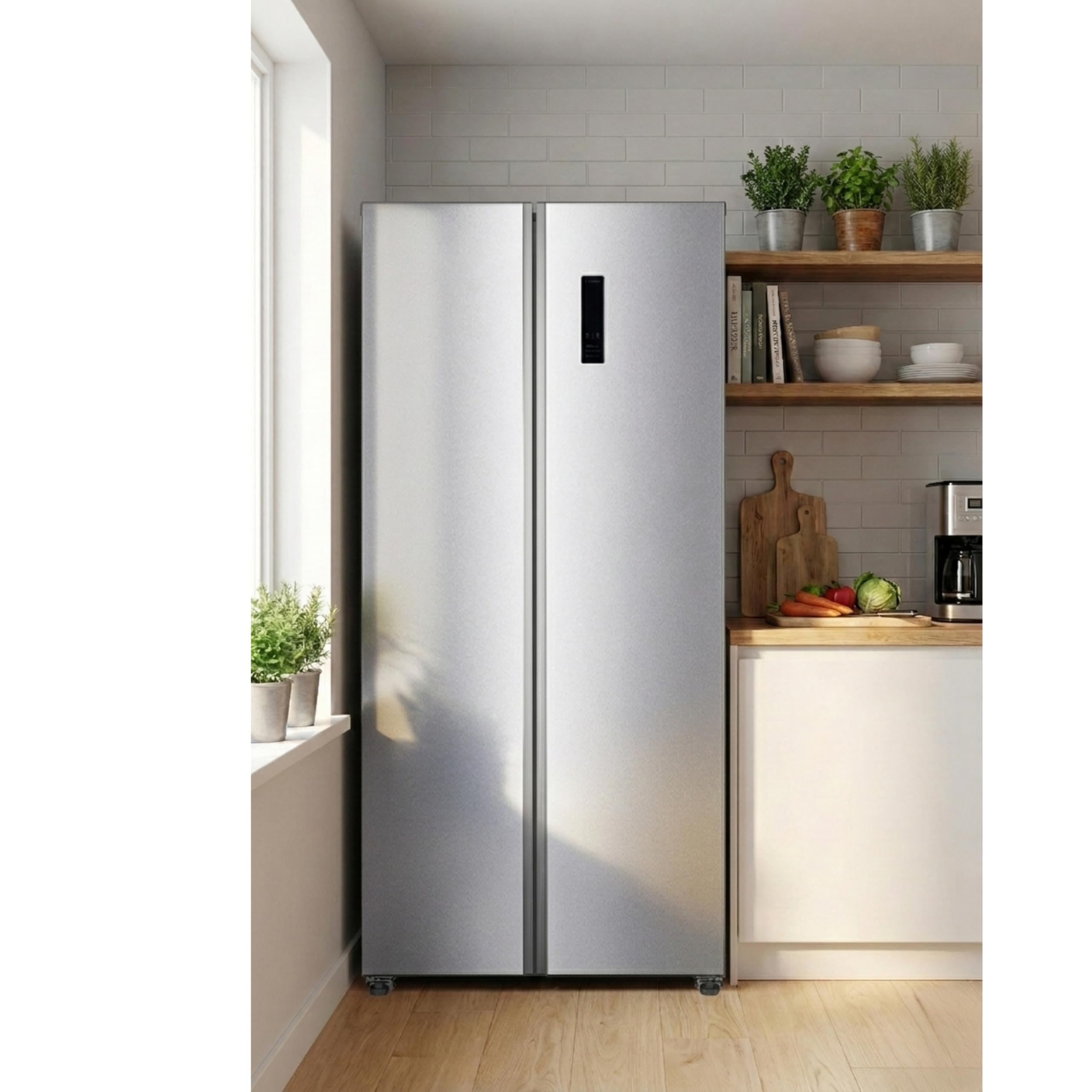 PKM SBS442ENFDIX Fridge-Freezer - Side by Side - Stainless Steel Design - 291 Litre Cooling - 151 Litre Freezing - NoFrost - Quick Freeze Mode - Display - Door Alarm