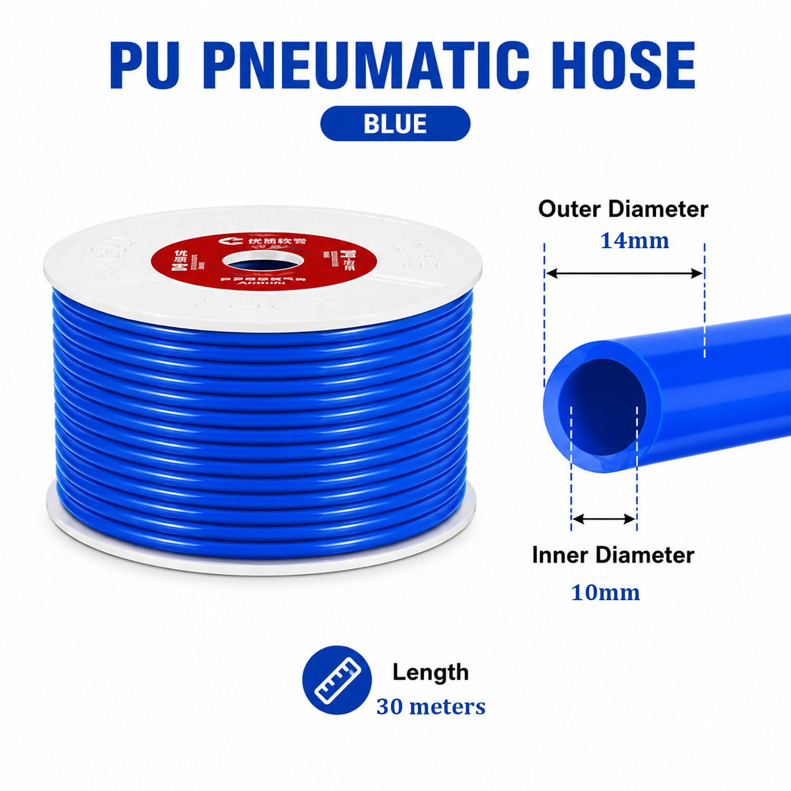 Tubo Pneumatico in PU Blu Ø14mm Esterno Ø10mm Interno Tubo Flessibile Lunghezza 10-100m,30m | Flessibile, Durevole, Resistente alle Pieghe, Resistente all'Abrasione, Resistente all'Olio, Alta Pressione