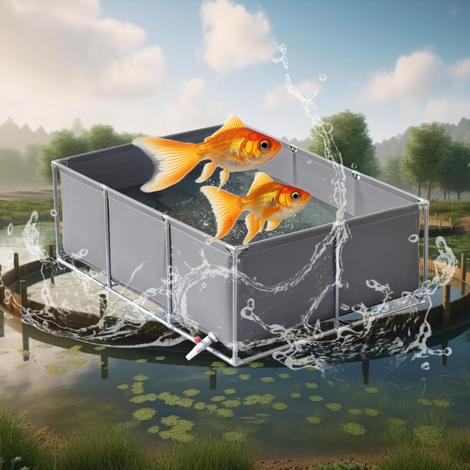 Przenośny zbiornik na wodę z koi, 3 x 3 x 0,6 m, tymczasowy zewnętrzny basen do oglądania ryb, solidny szary zbiornik z podparciem dla łatwej instalacji i długotrwałego użytkowania