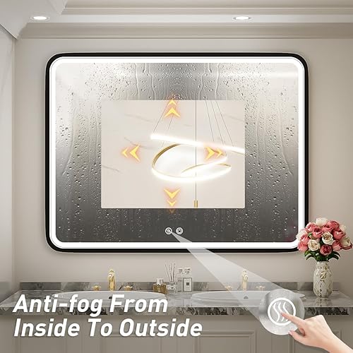 Miniatura 5 de Espejo de baño negro de 40 x 30 pulgadas con luces LED, espejo de tocador iluminado con marco de metal, diseño antivaho e interruptor regulable y