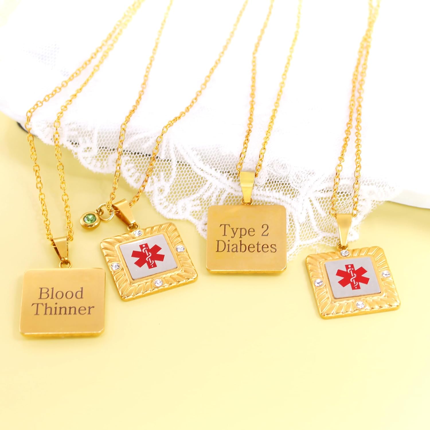 Square Medical ID Necklace with Red Symbol and 4 CZ Stones, Gold Plated Stainless Steel Waterproof Hypoallergenic Gift for Men Women Daily Wear YA5219