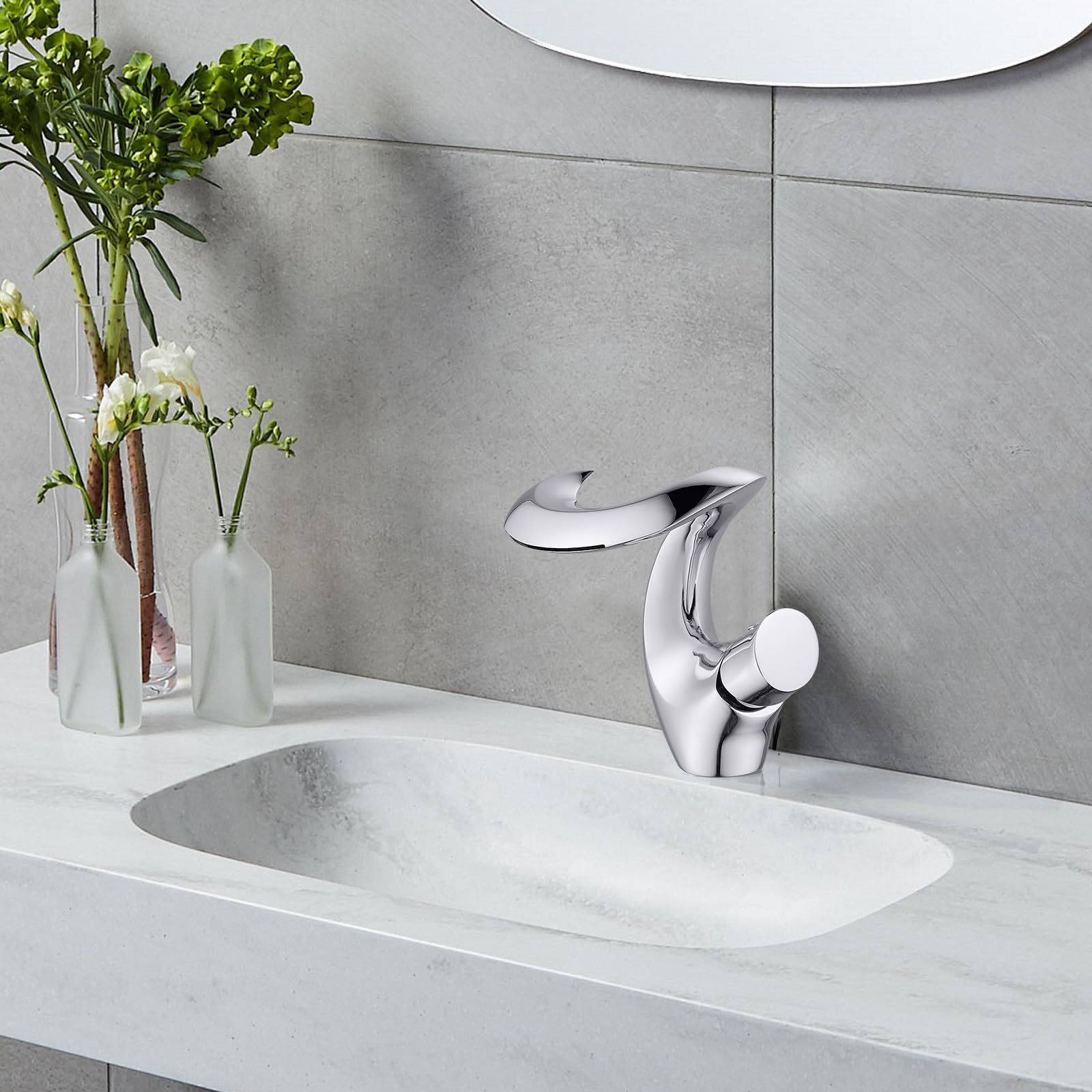 Robinet Salle de Bain Cascade Chrome Mitigeur Lavabo Robinetterie Lavabo Robinetterie Argent Moderne Robinet Salle de Bain Élégant Lavabo, Robinet de Salle de Bain Froide et Chaude Laiton