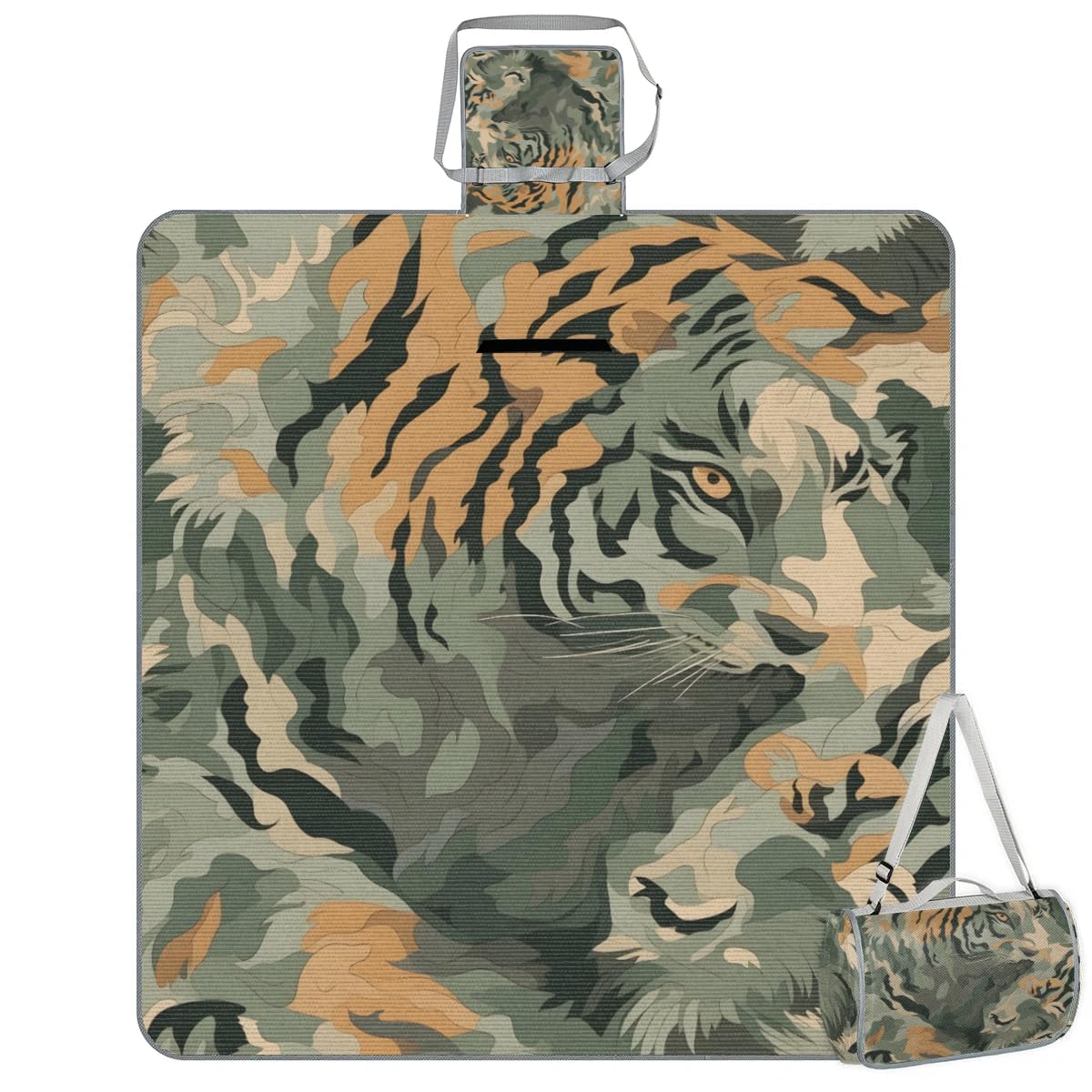 Mantas de picnic de 150 x 145 cm, diseño de camuflaje de tigre, manta de playa plegable para exteriores, impermeable, para playa, camping, senderismo, picnic