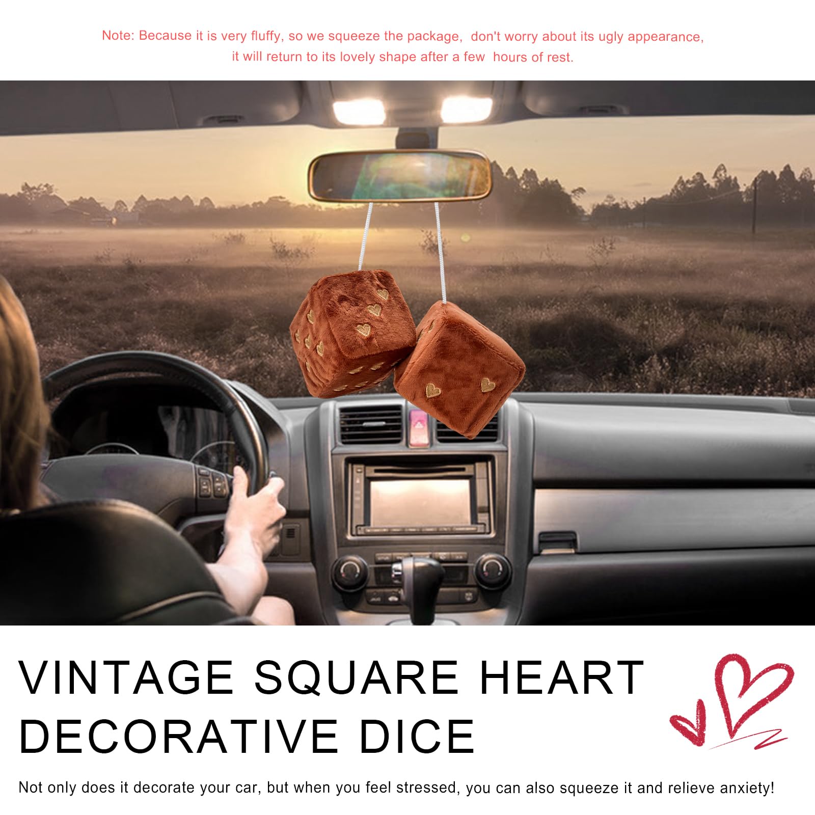 2 PCS Fuzzy Plush Dice For Car Mirror, 2.75" Retro Square Heart Shape Car Black
