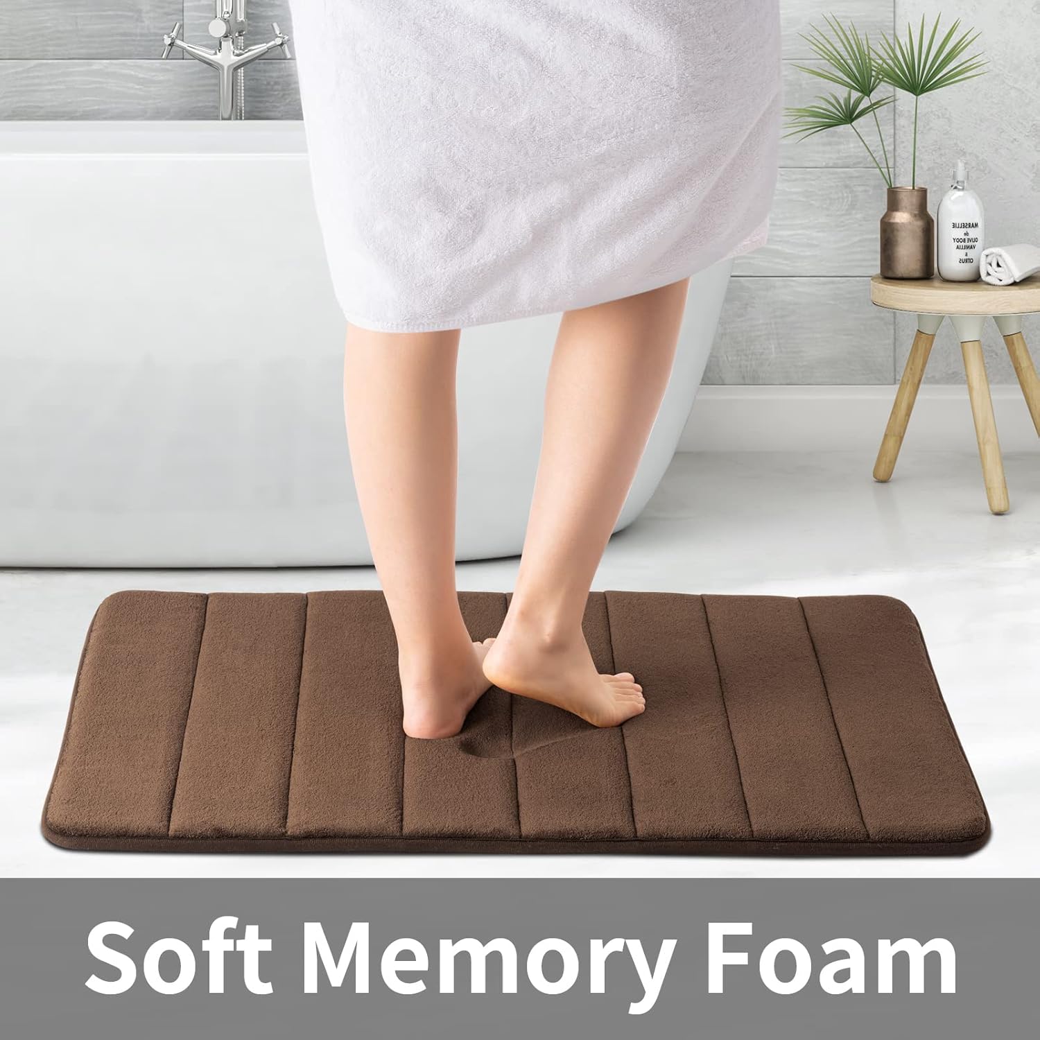 ROSMARUS Memory Foam Bath Mat - 20' x 32', Water Absorbent Shower Mat, Thick Bath Rugs with PVC Backing, Ultra Soft Bathroom Rugs for Floor & Tub, Brown