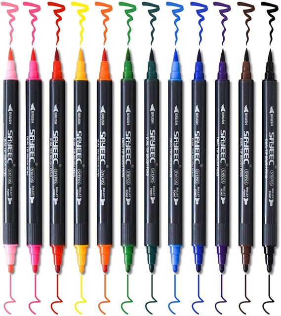 Watercolour Brush Pen Set,SAYEEC 12 Colours Dual Tip Brush Pens with Fineliner Tip Art Marker Soft Flexible Tip Durable Create Watercolor Effect - Best for Adult Coloring Book/Manga/Comic/Calligraphy