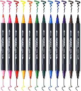 Watercolour Brush Pen Set,SAYEEC 12 Colours Dual Tip Brush Pens with Fineliner Tip Art Marker Soft Flexible Tip Durable Create Watercolor Effect - Best for Adult Coloring Book/Manga/Comic/Calligraphy
