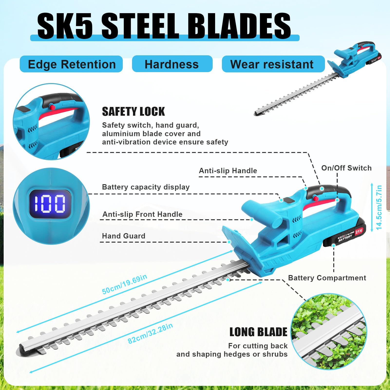 Hedge Trimmer Cordless,52cm Laser-Cut Diamond Hedge Cutter with 21v Battery & 2 Batteries,Lightweight Hedge Trimmer Cordless 2kg,2400 Cuts/Min,45° Adjustable,Safety Lock,Anti-Vibration for Gardeners - 3