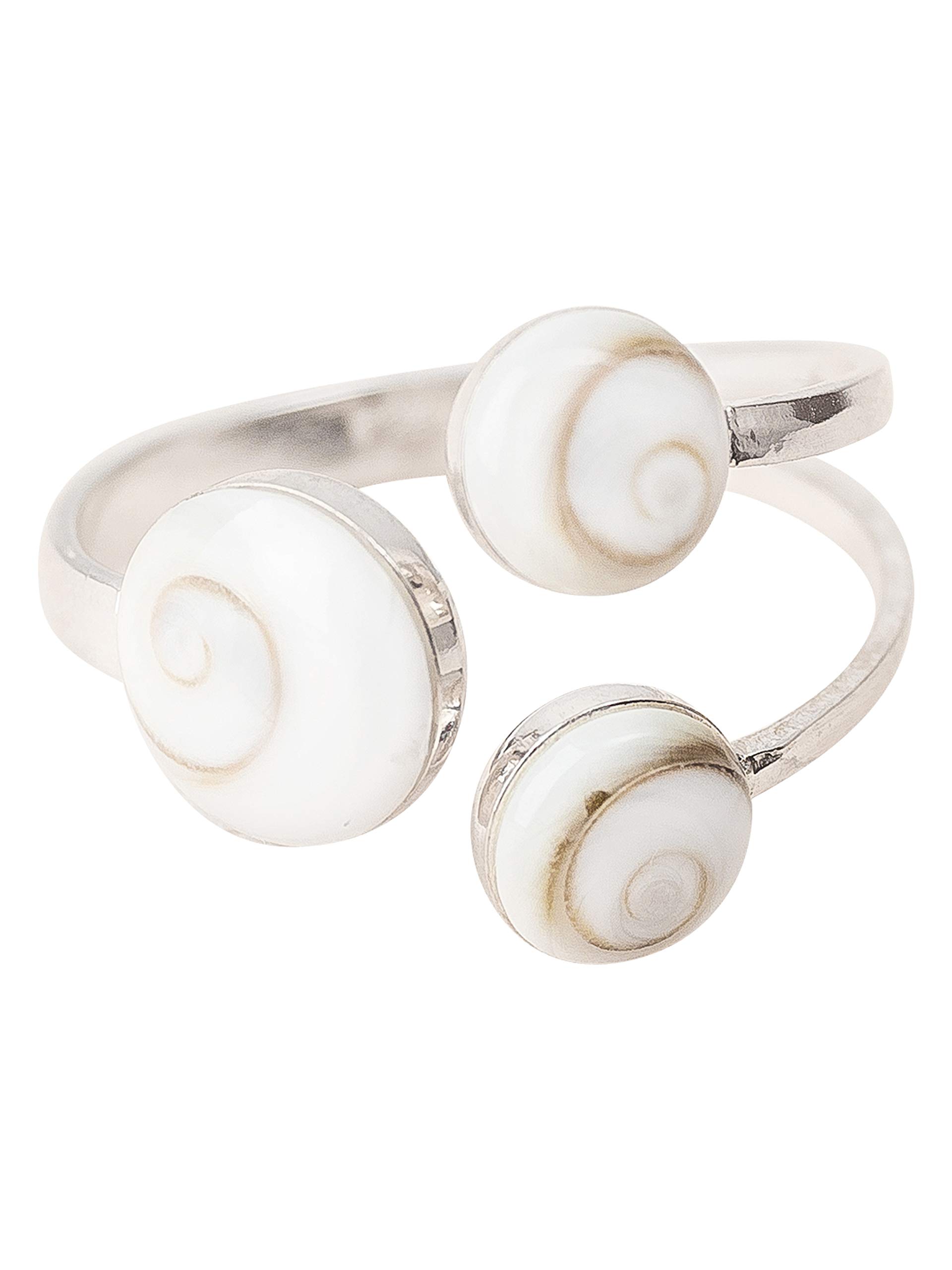 Anillo de Plata de Ley 925 para Mujer con Ojo de Shiva | Piedra de Santa Lucía | Concha Natural Marina Hecho a Mano | Ajustable, Antialérgico y Libre de Níquel