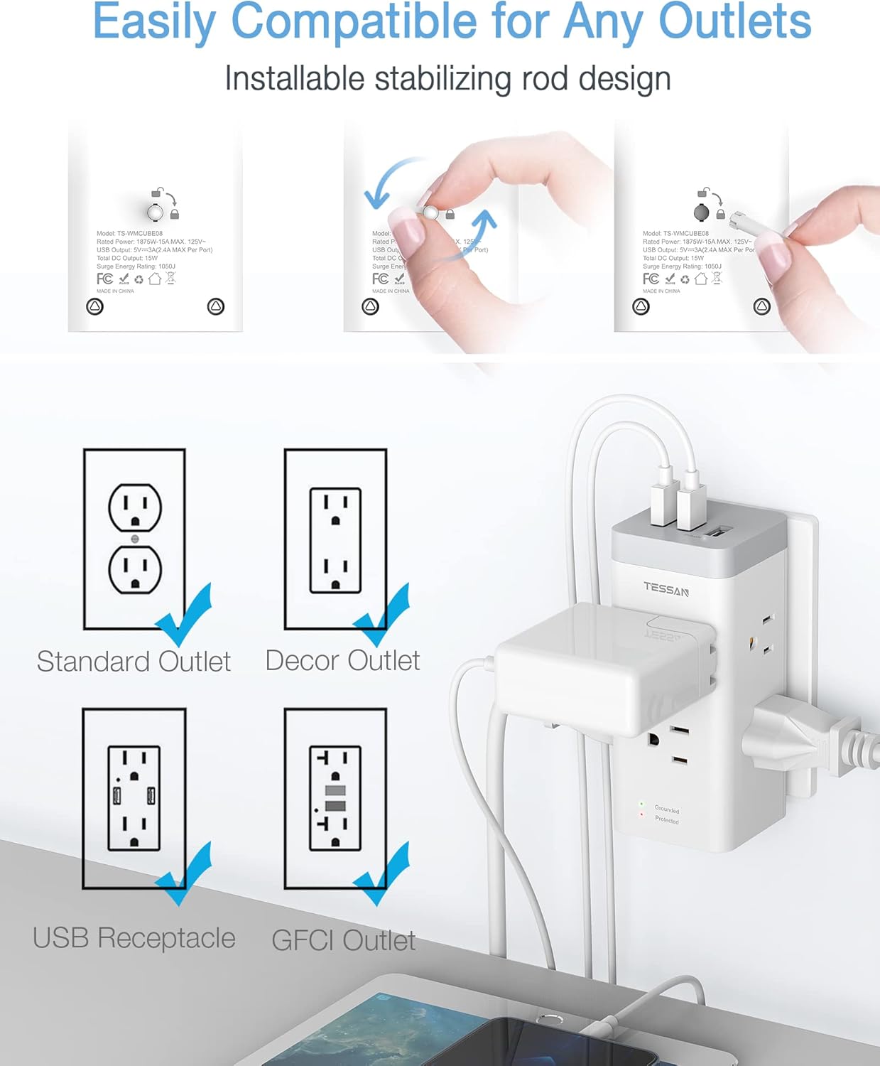 Multi Plug Outlet Extender with USB, TESSAN Surge Protector Outlet with 3 USB Wall Charger, 1050J Multiple Outlet Expander with 6 Electrical Outlet for Home, Dorm Room Essentials : Tools & Home Improvement