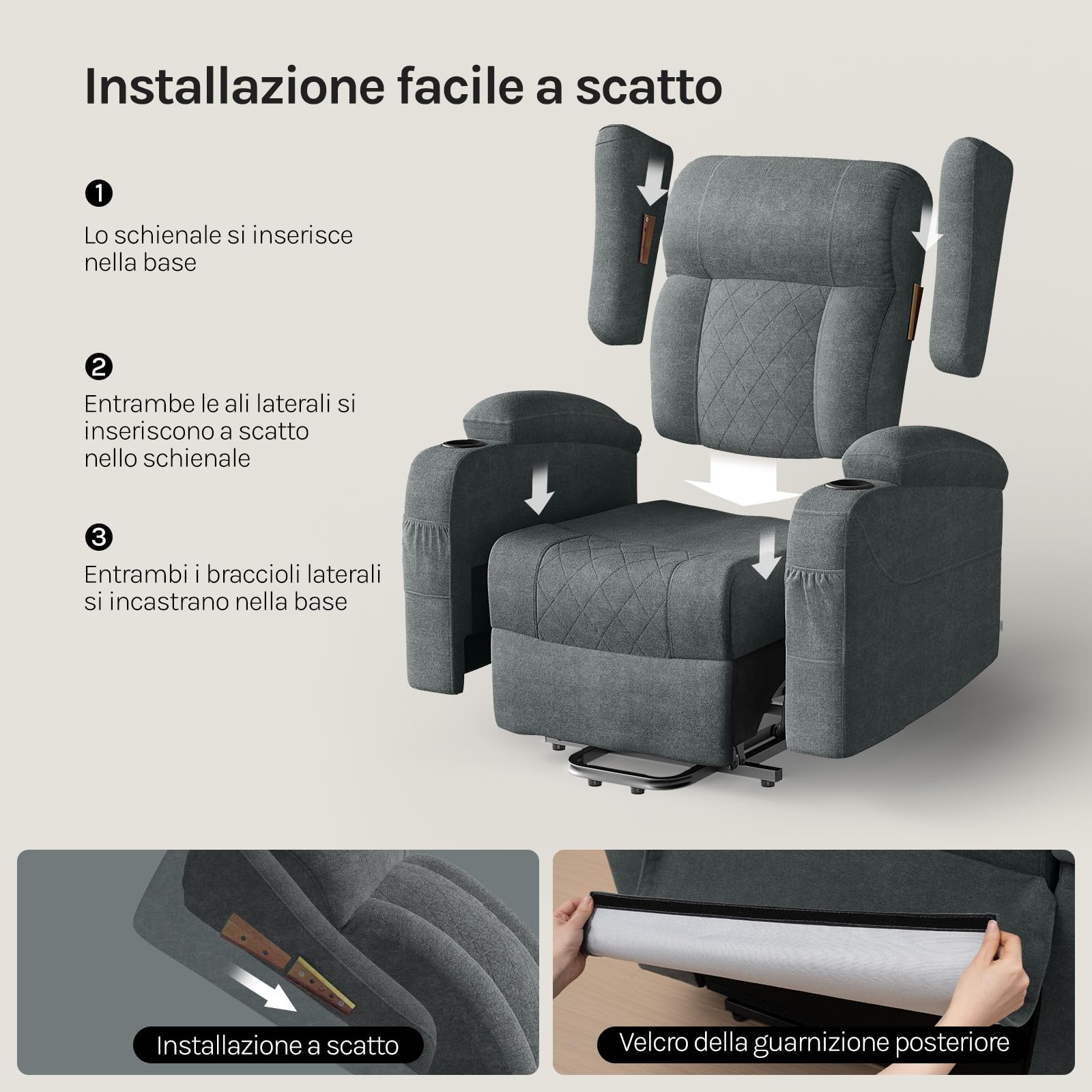 WOLTU Poltrona Elettrica Reclinabile, Sedia Massaggiante con Alzapersone, Riscaldamento, Poggiapiedi, Tasche Laterali, Porta USB, Portabicchieri, per Soggiorno, Tessuto Spugna, Grigio, SKS61gr