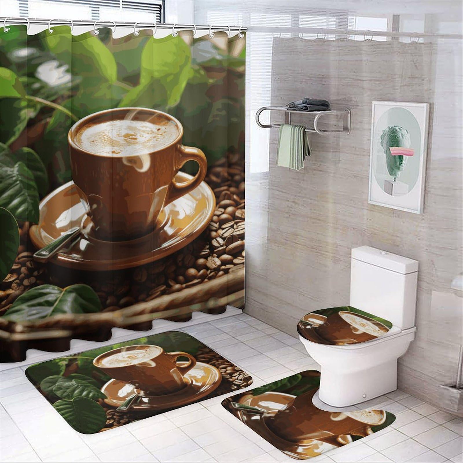 Rideau de douche motif feuilles vertes et café avec ensemble tapis