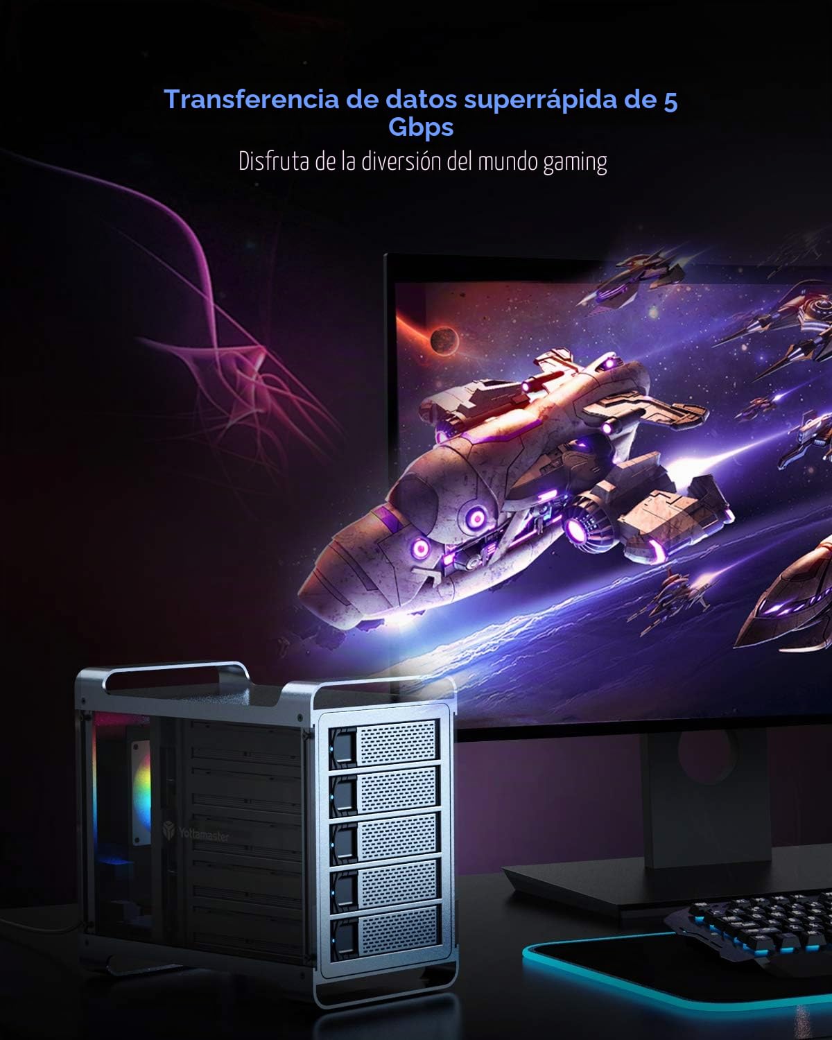 Yottamaster Aluminio Carcasa Raid para Disco Duro de 5 Bahías con Raid 0/1/3/5/10/JBOD (Span)/PM,Centrado en los Juegos Carcasa de 5 Bahías para HDD/SSD de 3,5"/2,5" [DF5RU3]