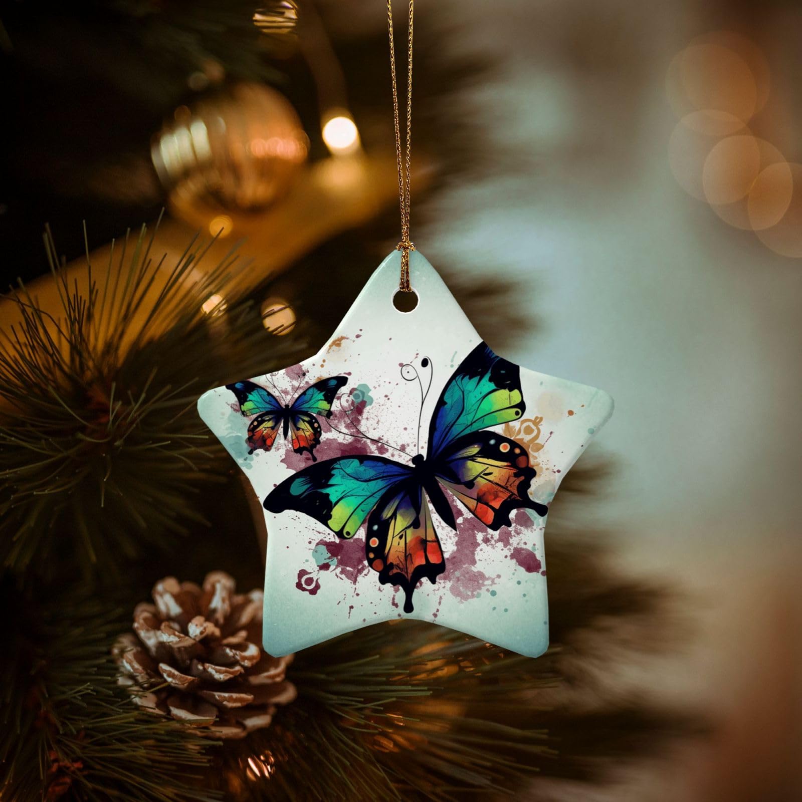 Christmas Ornaments for Christmas Tree Decoration Hanging Artistic Butterfly Ornament with Gold Ribbon Crafts Star Shape Ceramic Pendant for Keepsake Gifts Xmas Decor Party Supplies