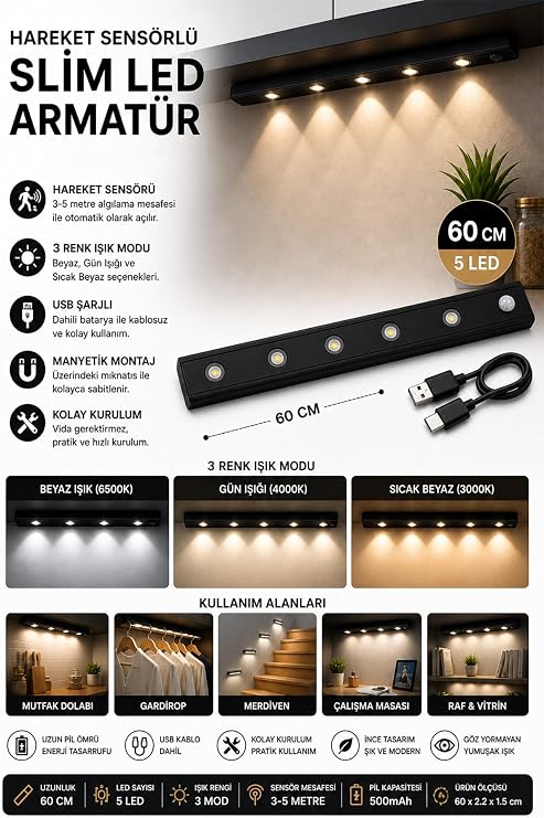 Neo Vista Hareket Sensörlü Slim Led Kabin Armatürü Dekoratif Dim Edilebilir Usb Şarjlı Aydınlatma (Siyah, 60 CM) [Enerji Sınıfı A]