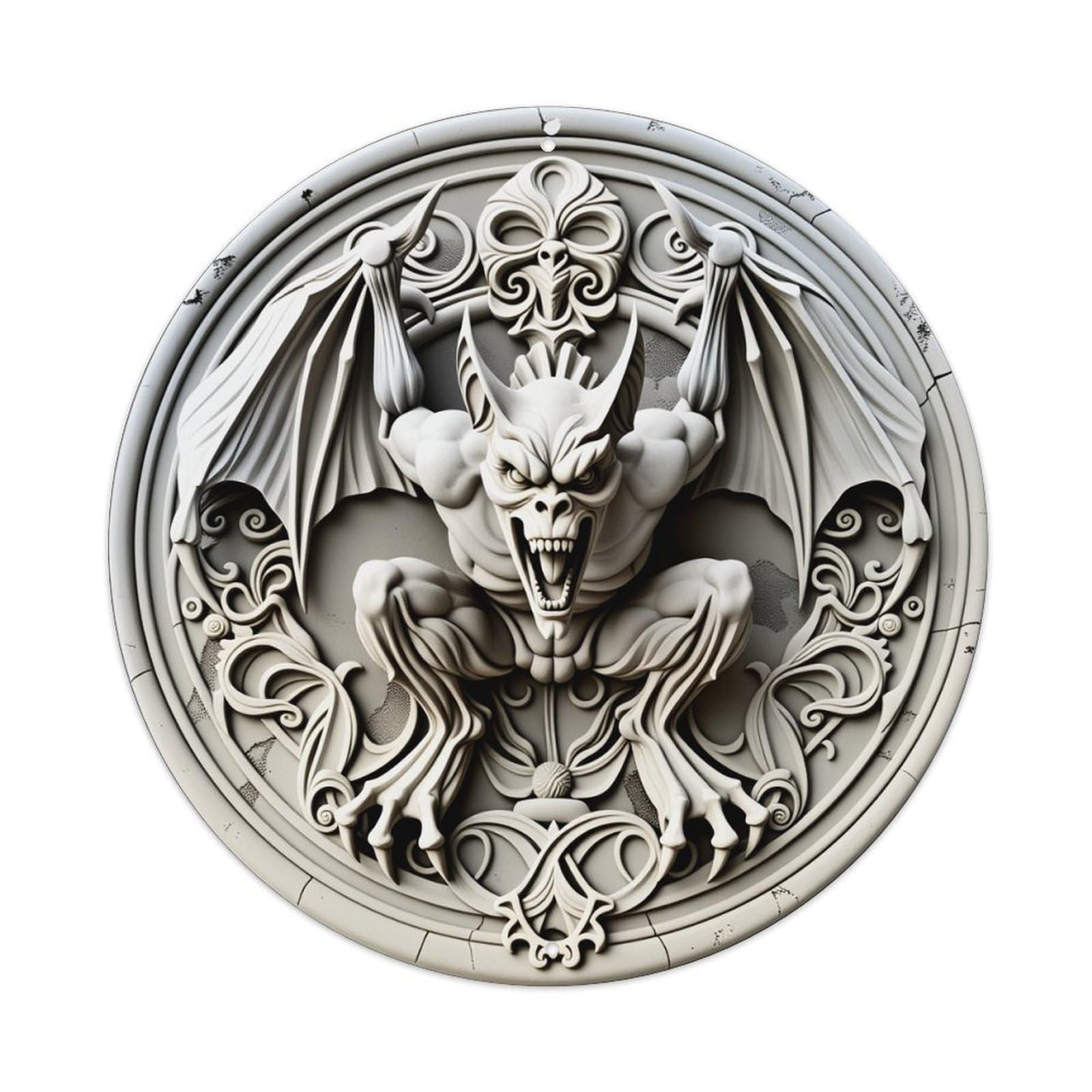 Gargoyle Relief Ornate Circular Design Metal Tin Sign Vintage Garden Bedroom Cafe Bar Man Cave Home Wall Decor Metal Poster 8x8 inches