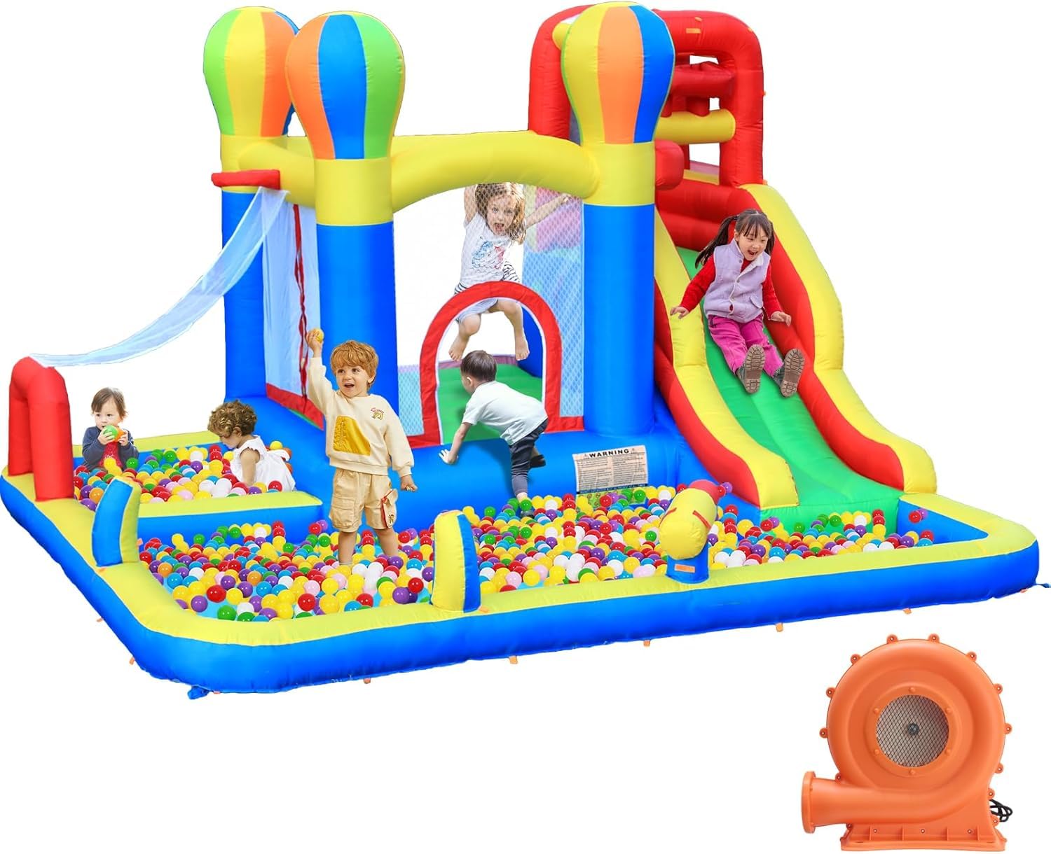 Bouncy Castle, Inflatable Bounce House Water Slide with Surprise Dump Bucket, Double Splashing Pools, Climbing Wall, Water Sprayers, Cannons and Blower for Kids Outdoor Indoor Play
