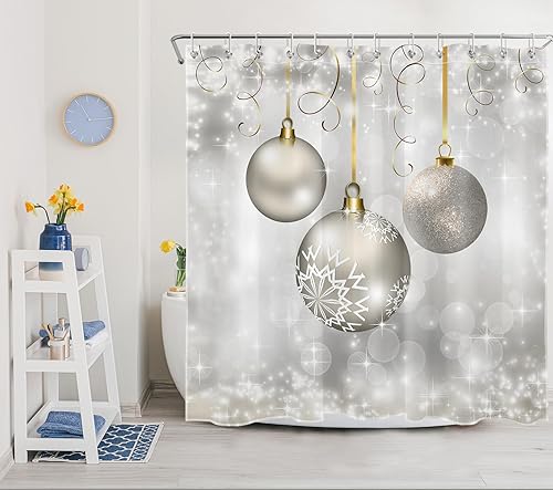 Miniatura 3 de LB Christmas Shower Curtain Decor, Gold and Silver Xmas Ball New Year Winter Holiday Grey Shower Curtain for Bathroom 72x72 Inch Polyester Fabric