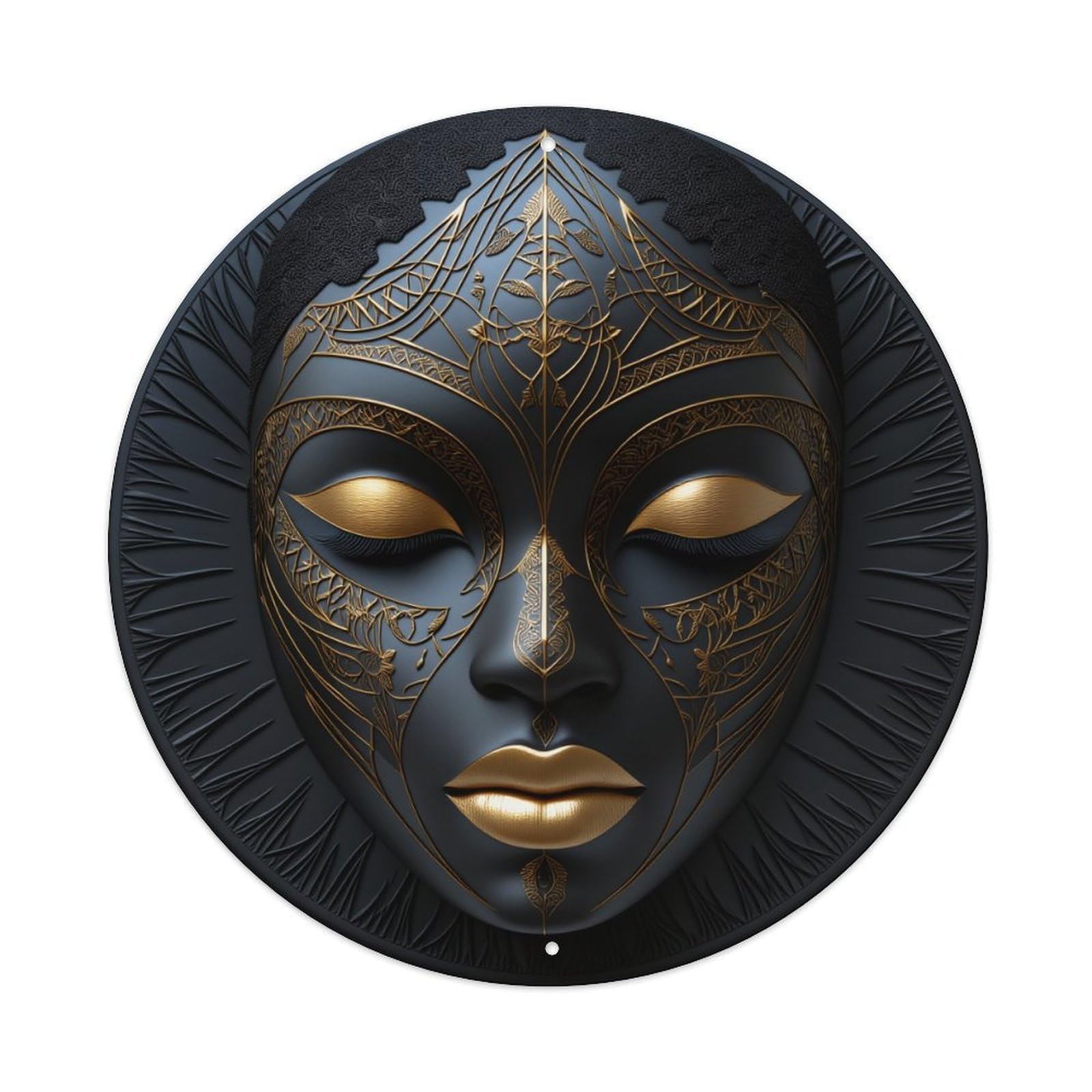 Black And Gold Ornate Mask Design Round Tin Sign Vintage Metal Poster, Home Bar Garage Man Cave Cafe Indoor & Outdoor Wall Decoration 8x8Inches