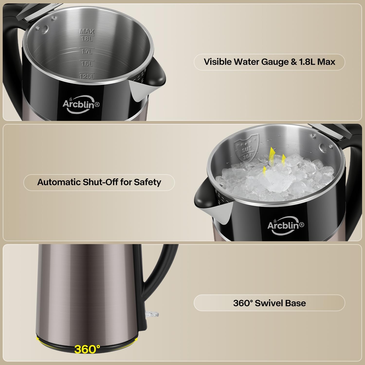 Electric Kettle 1.8L - Double Wall Insulated Hot Water Kettle, 1350W Fast Boiling Tea Kettle with 304 Stainless Steel Interior, Auto Shut-Off & Boil-Dry Protection, Gold
