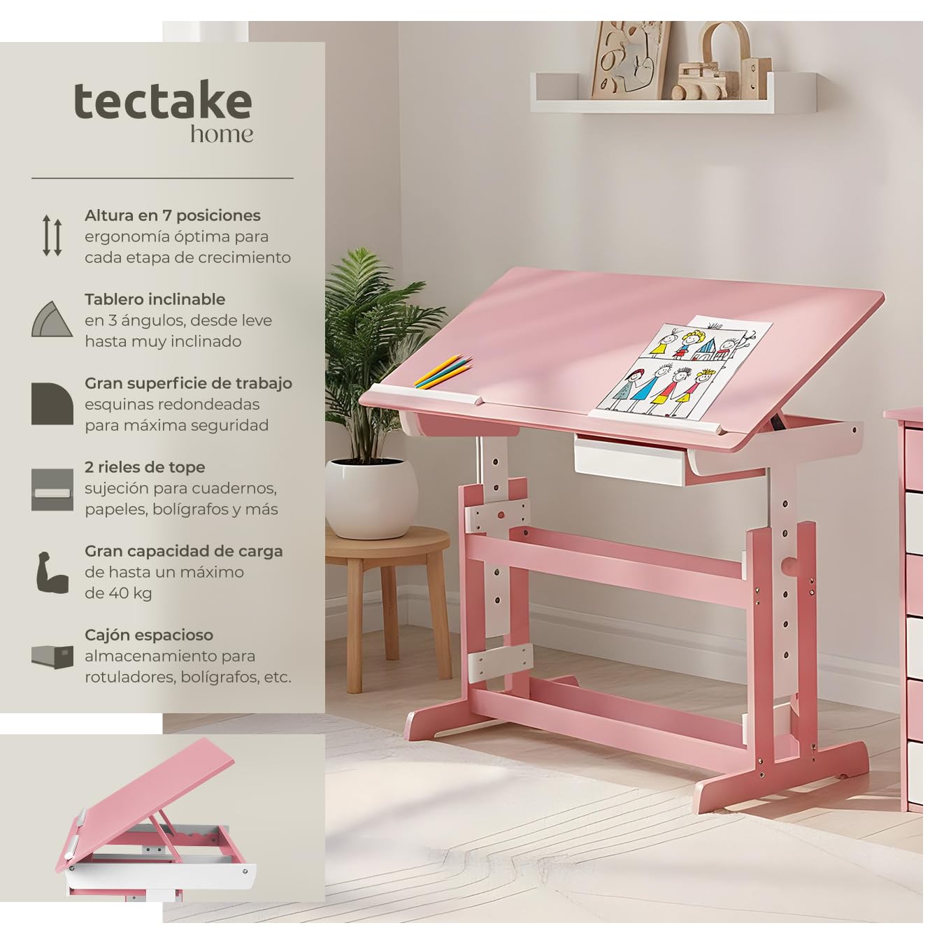 tectake® Escritorio Madera, Escritorio Elevable en 7 Posiciones, Tablero Inclinable, Cajón, Bordes Redondeados, Mesa Escritorio, Mesa de Estudio, Escritorio Infantil, Mesa Infantil - Rosa