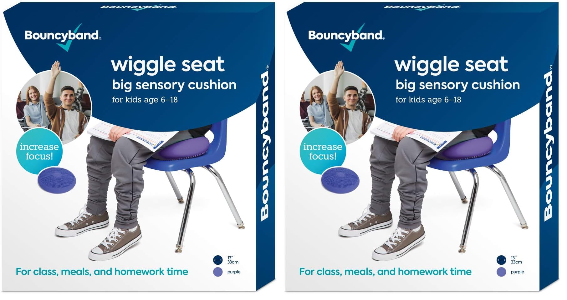 Bouncyband – Wiggle Seat – Purple, 13” D – Large Sensory Cushion for Kids Ages 6-18+ – Promotes Active Learning, Improves Student Productivity, Includes Easy-Inflation Pump (Pack of 2)