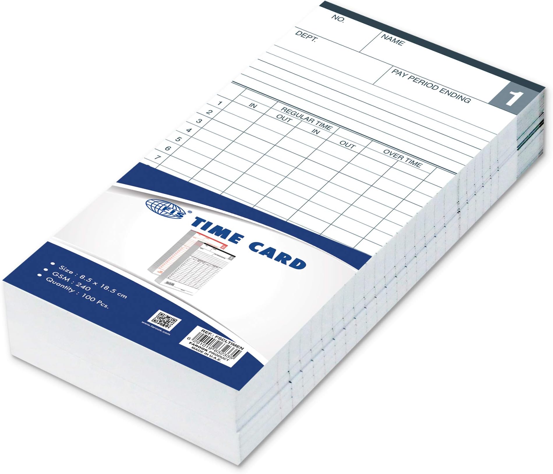 FIS Time Card 240gsm, 85x185mm, White 100-Piece - FSCLTIMEN