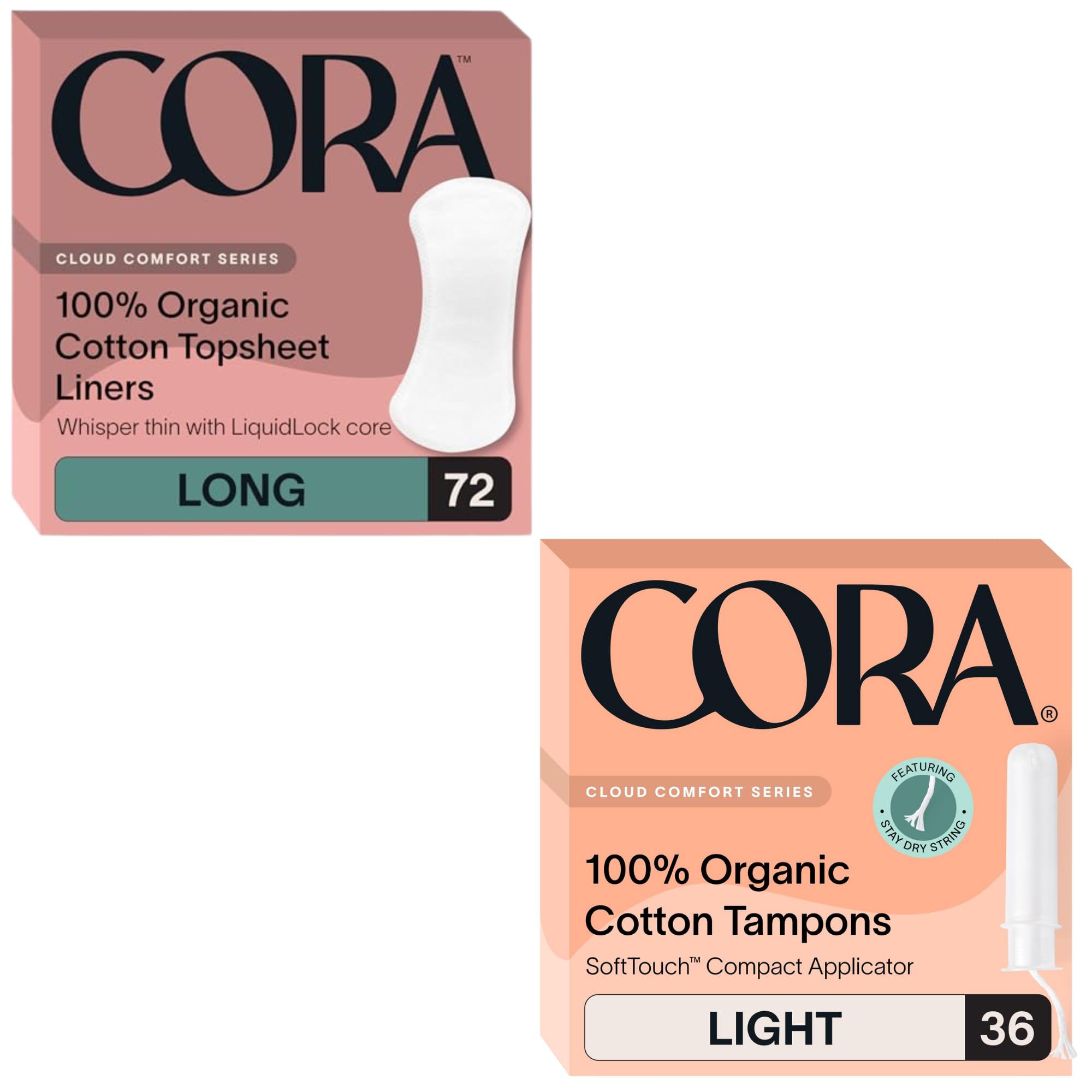 Cora Organic Feminine Care 72 Long No Wings Liners and 36 Light Applicator Tampon Multipack Ultra-Absorbent Unscented Natural