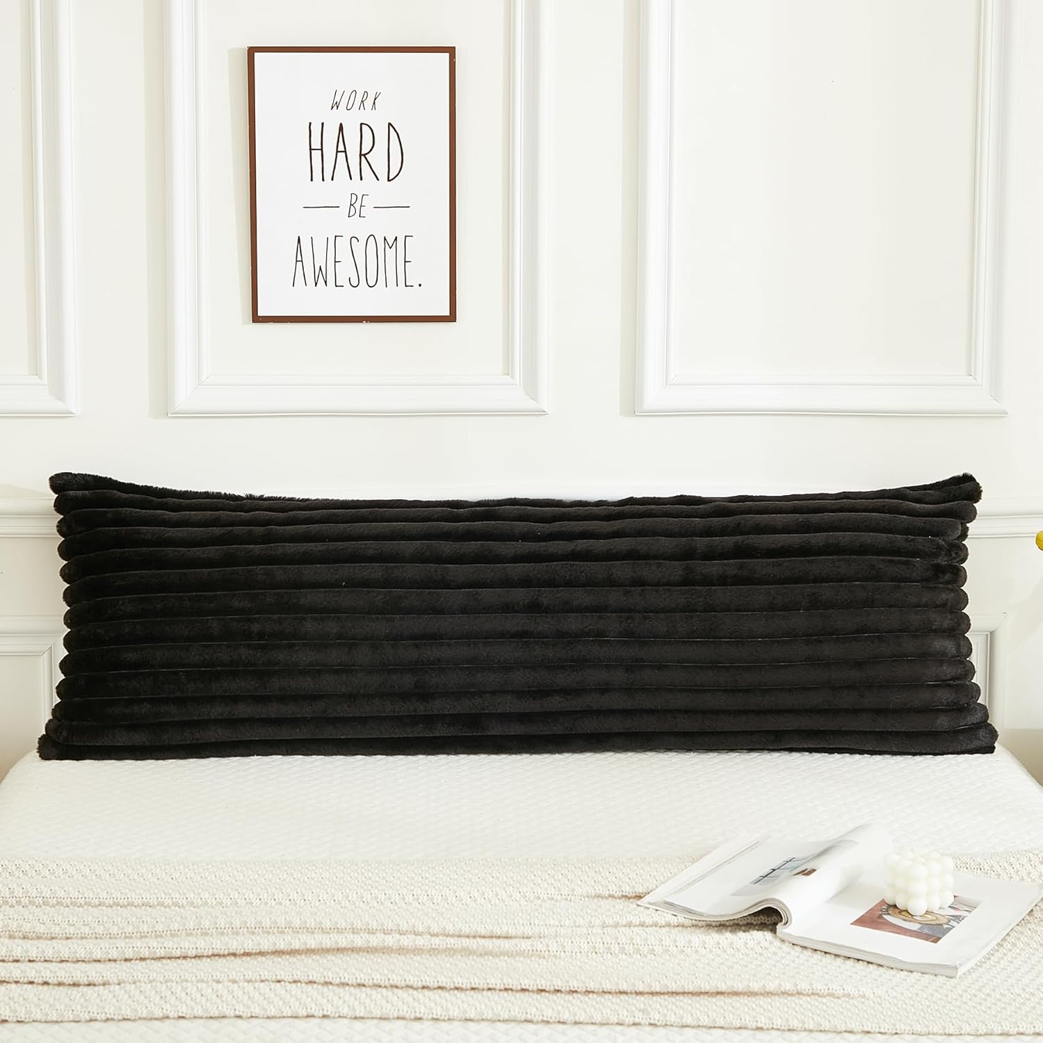 JAUXIO Faux Fur Fluffy Body Pillow Cover Luxury Striped Plush Decorative Body Pillowcase, Ultra Soft and Cozy Zipper Closure 21 x 54 Inches, Black