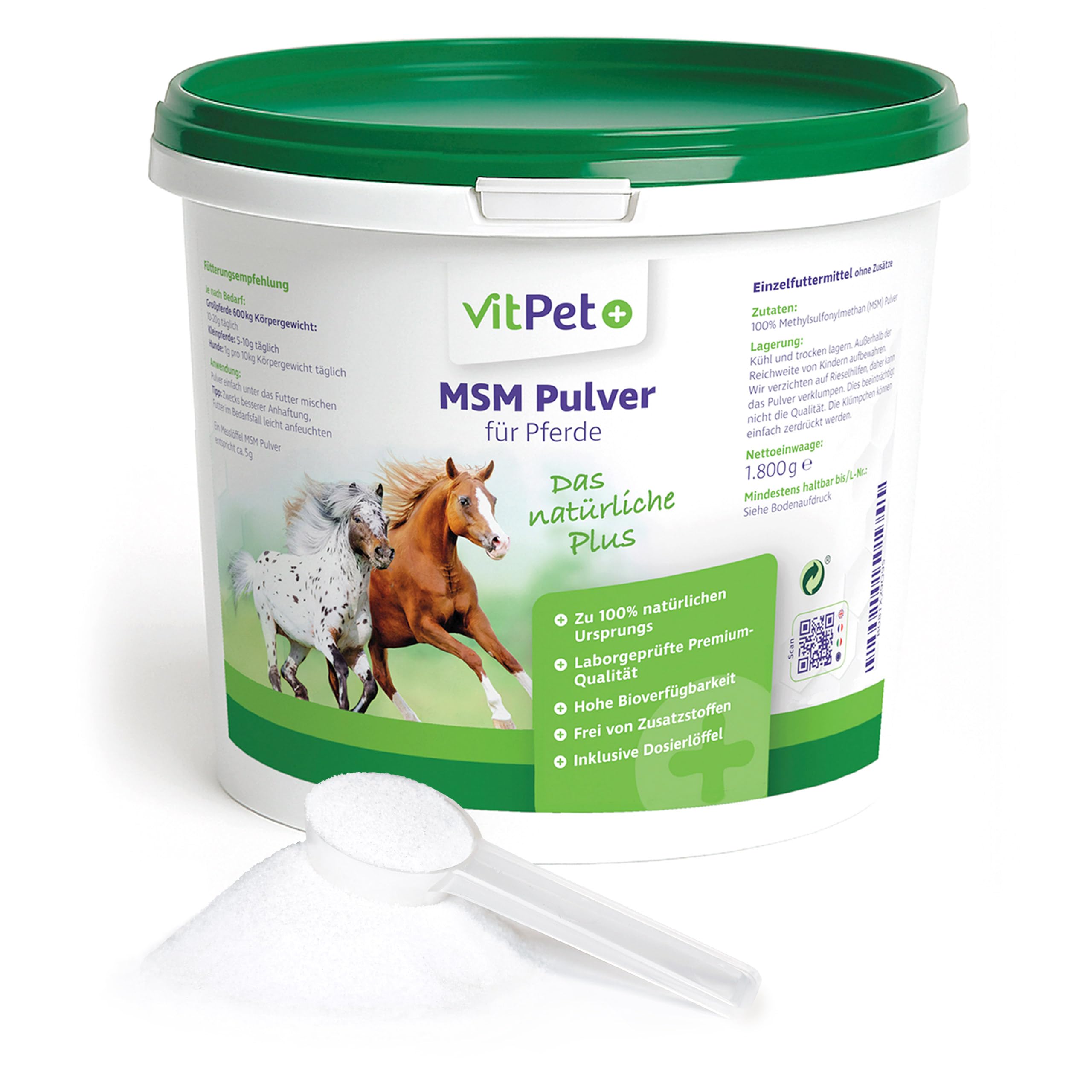 MSM Horse - Polvo MSM Premium para caballos en cubo de 1,8 kg, incluye cuchara dosificadora (polvo de metilsulfonilmetano/azufre para caballos y perros)