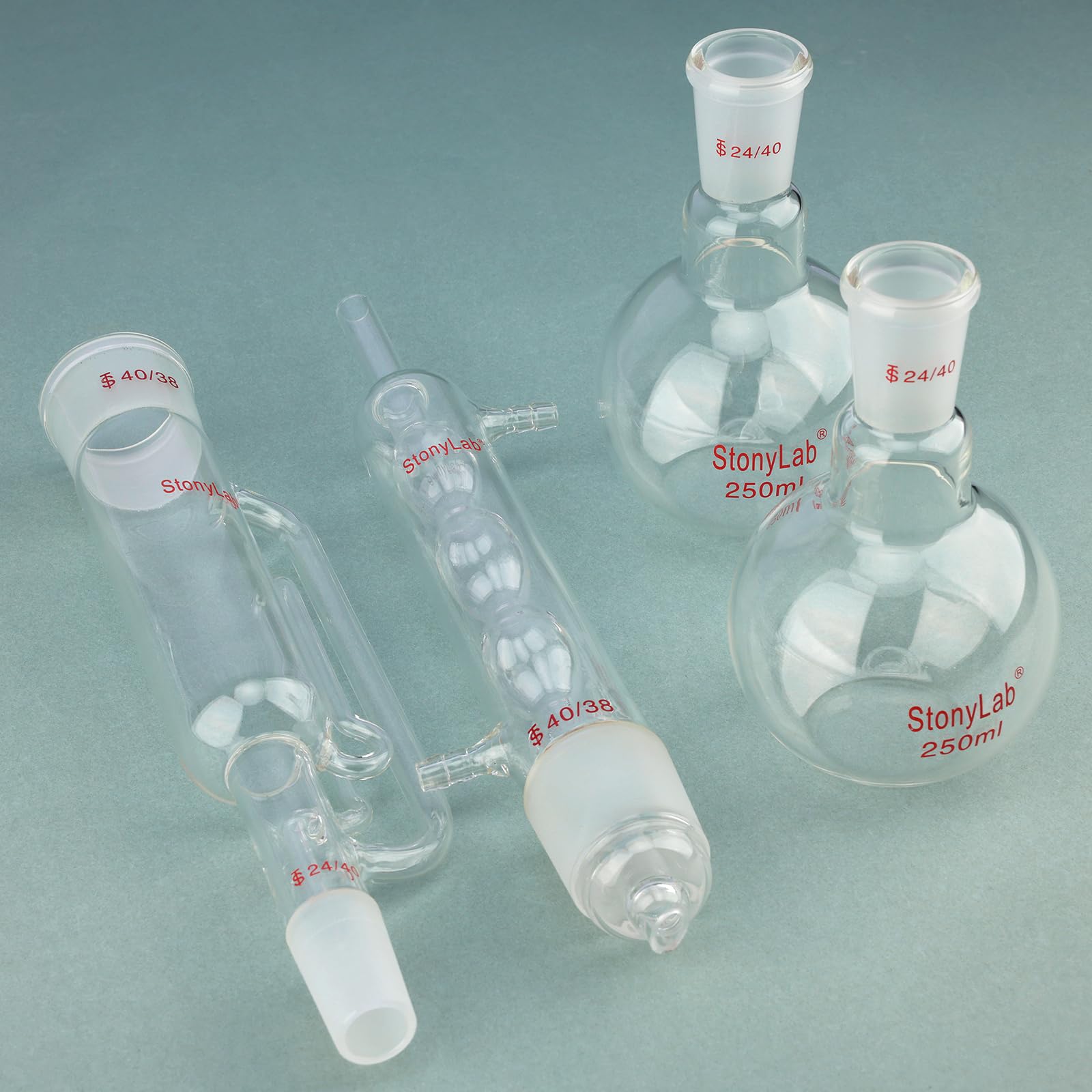 stonylab Apparecchio per Estrazione di Soxhlet in Vetro Borosilicato, 40/38 Estrattore Soxhlet e Condensatore Allihn con Due Palloni a Fondo Piatto 24/40 da 250 ml Essenziali Estrazione in Laboratorio