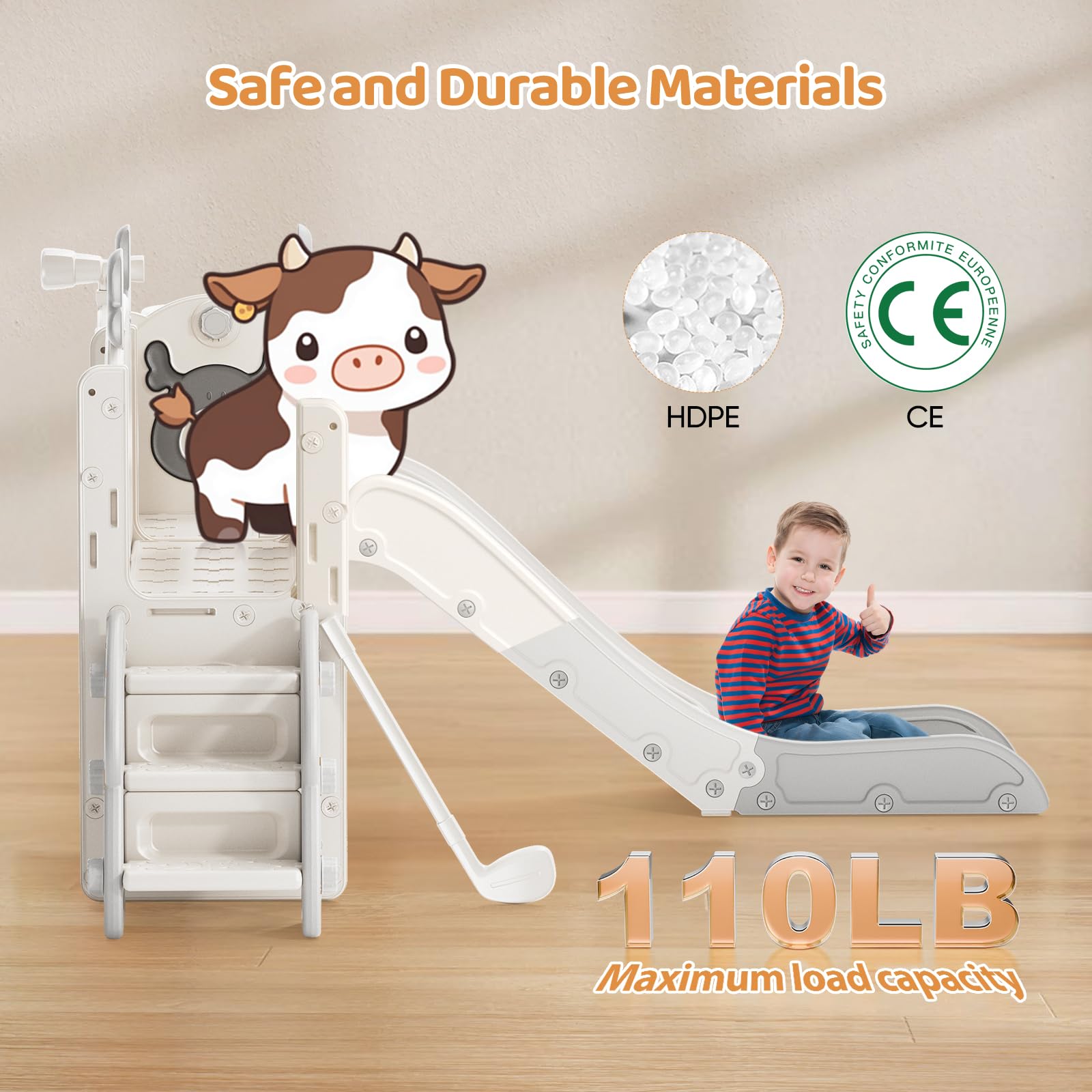 Kinderrutsche mit Basketballring, Elch-Themenrutsche für Kinder, Spielplatz für drinnen und draußen, unabhängiges Kletterspielset mit Rutsche für Babys (Beige Grau-7-in-1)