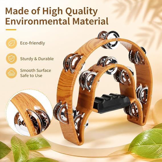 Double Row Tambourine, Half Moon Handheld Tambourine, Metal Jingles Hand Held Percussion Drum with Ergonomic Handle Grip, Adult Musical Instrument for Church, KTV, Party